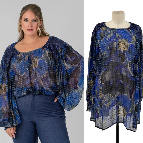 Anthropologie Bl-nk London Senta Top Floral Print Sequin Sheer Plus Size 1X - Picture 1 of 16
